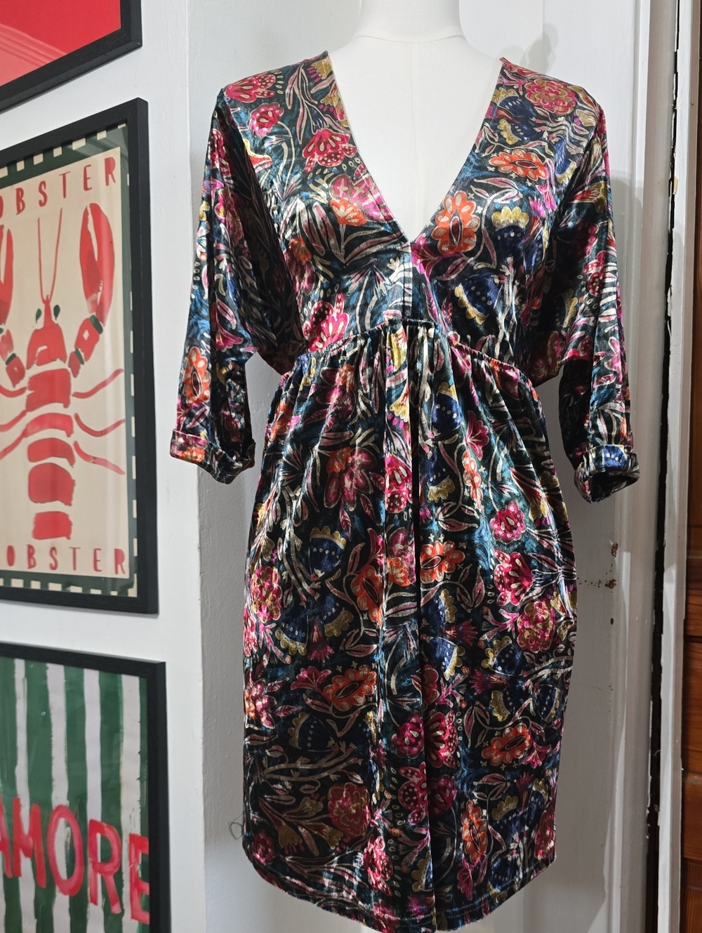 NATURAL LIFE Velvet Floral V-Neck Dress in Black, Pink, Orange, Blue